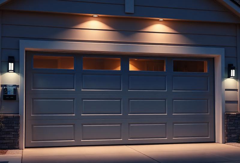 Modern garage with security lighting at dusk
