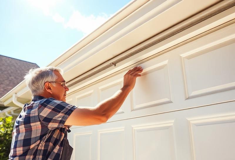 Homeowner inspecting garage door weatherstripping in summer