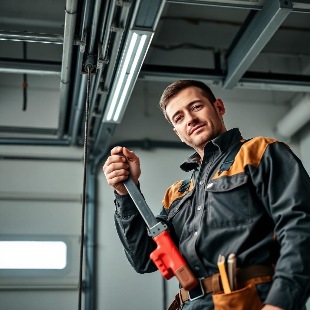 Garage door repair technician replacing broken cable